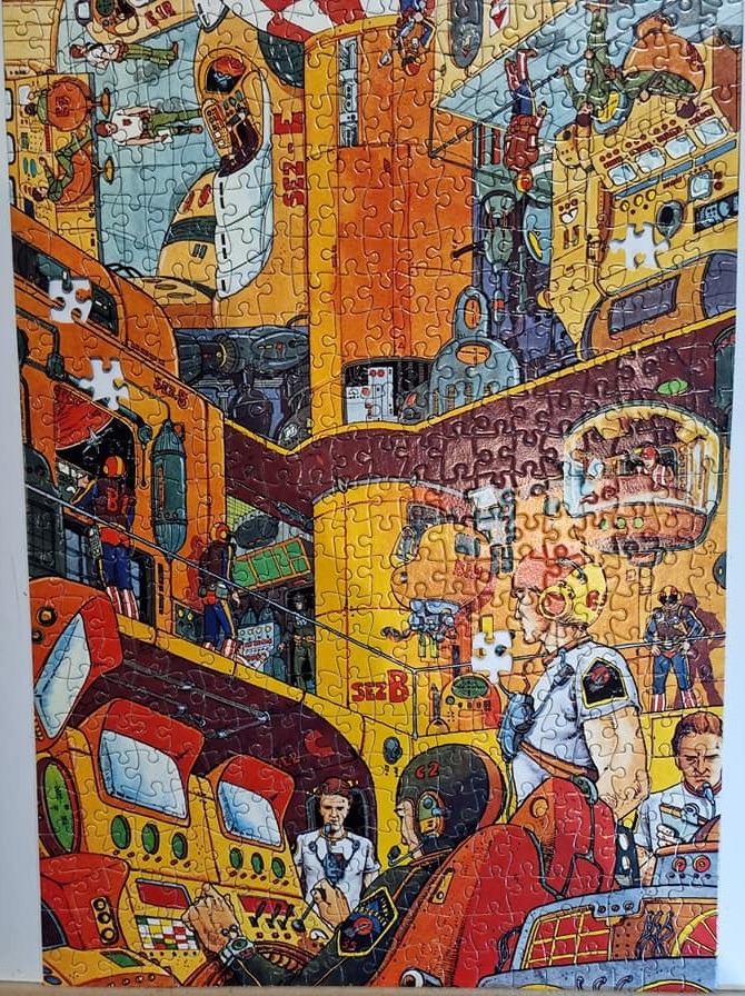 A retro science fiction illustration of a busy futuristic hangar or spaceship interior filled with pilots and technicians.