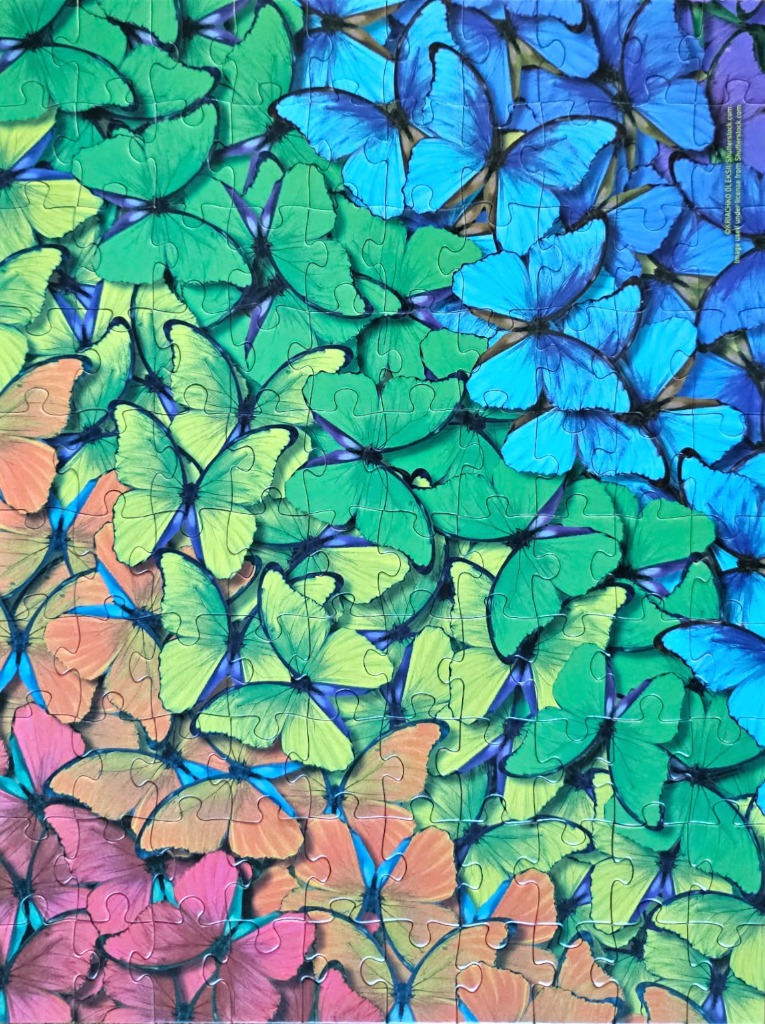 A dense, vibrant collage of butterflies overlapping in a rainbow color gradient.