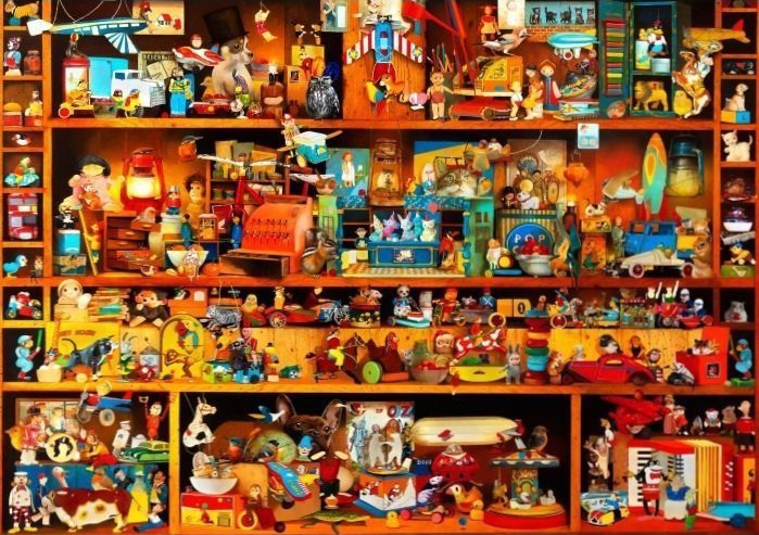 A dense, multi-tiered wooden shelving unit packed with a colorful variety of vintage toys, figurines, and trinkets.