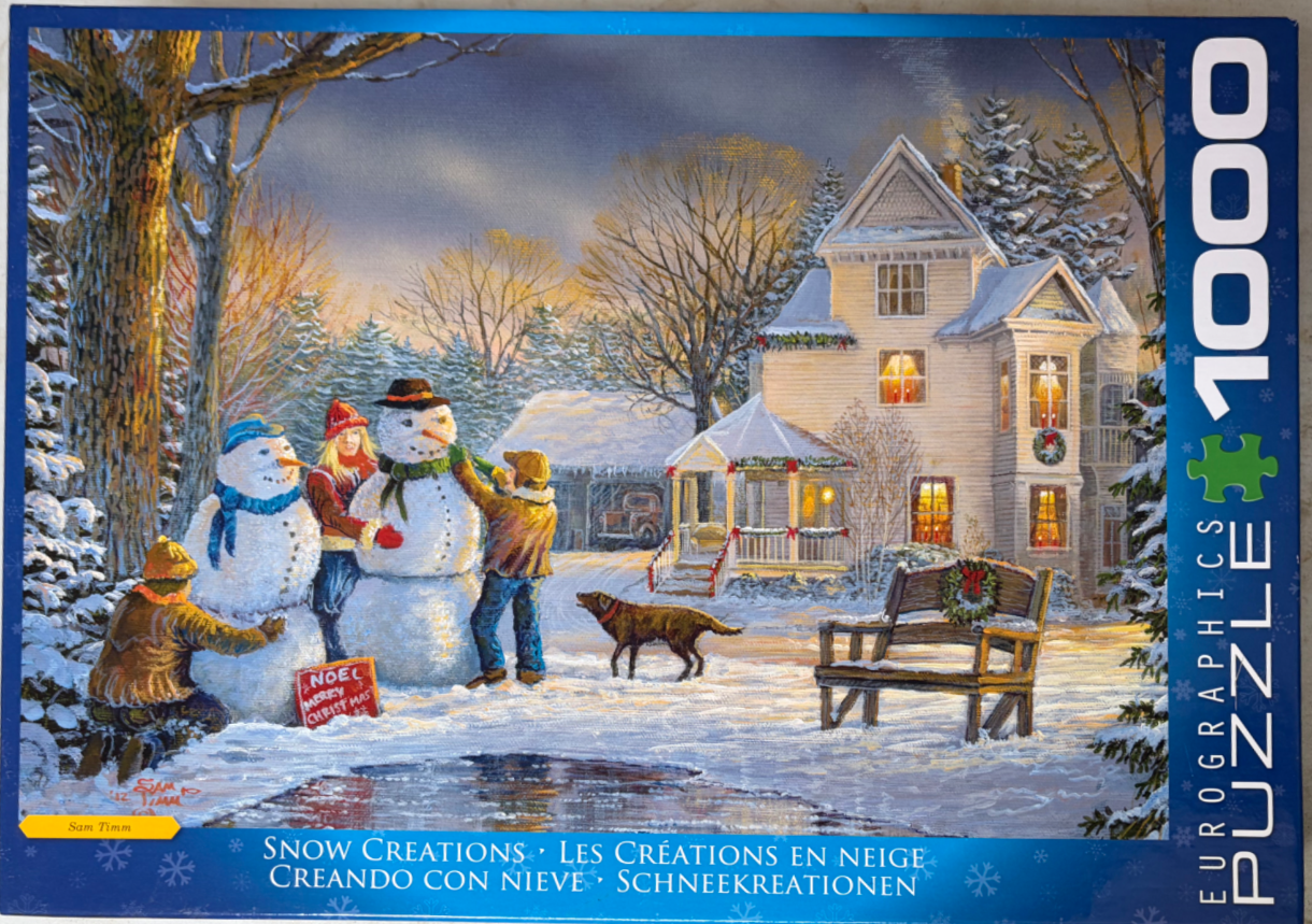 A festive winter scene of a family building two snowmen in the front yard of a snow-covered home at dusk.