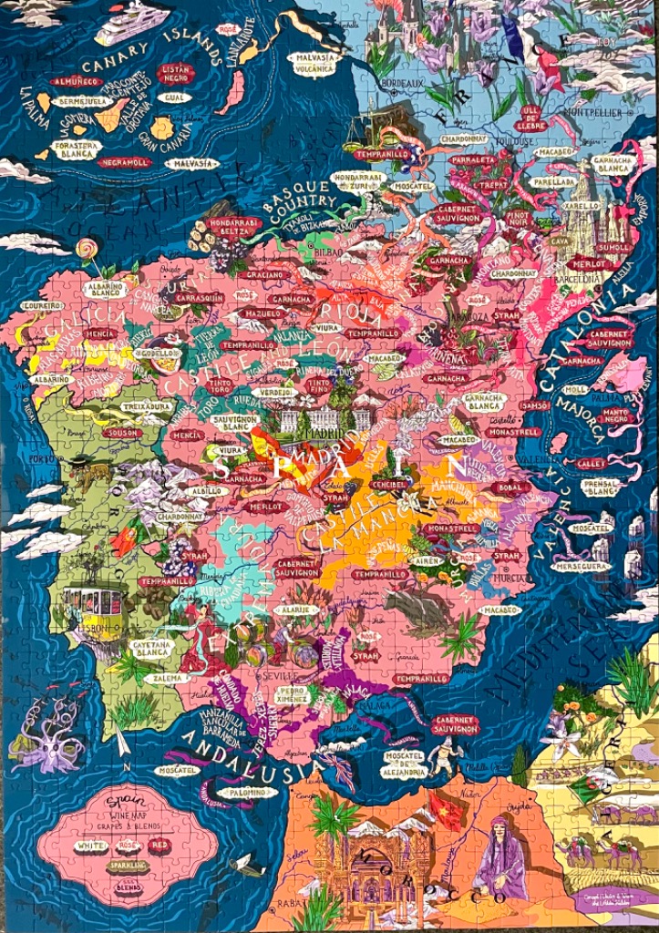 An illustrated map of Spain featuring wine regions, grape varieties, and regional landmarks.
