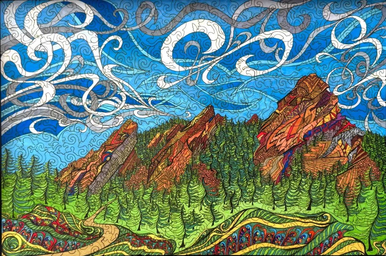 A stylized artistic illustration of colorful mountains and a pine forest under a swirling blue sky.