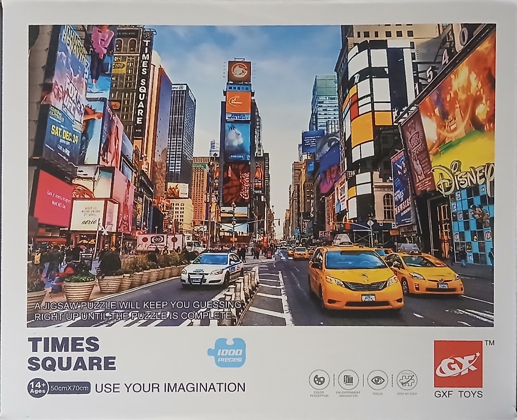 A perspective view of Times Square in New York City with bright billboards, yellow taxis, and skyscrapers.