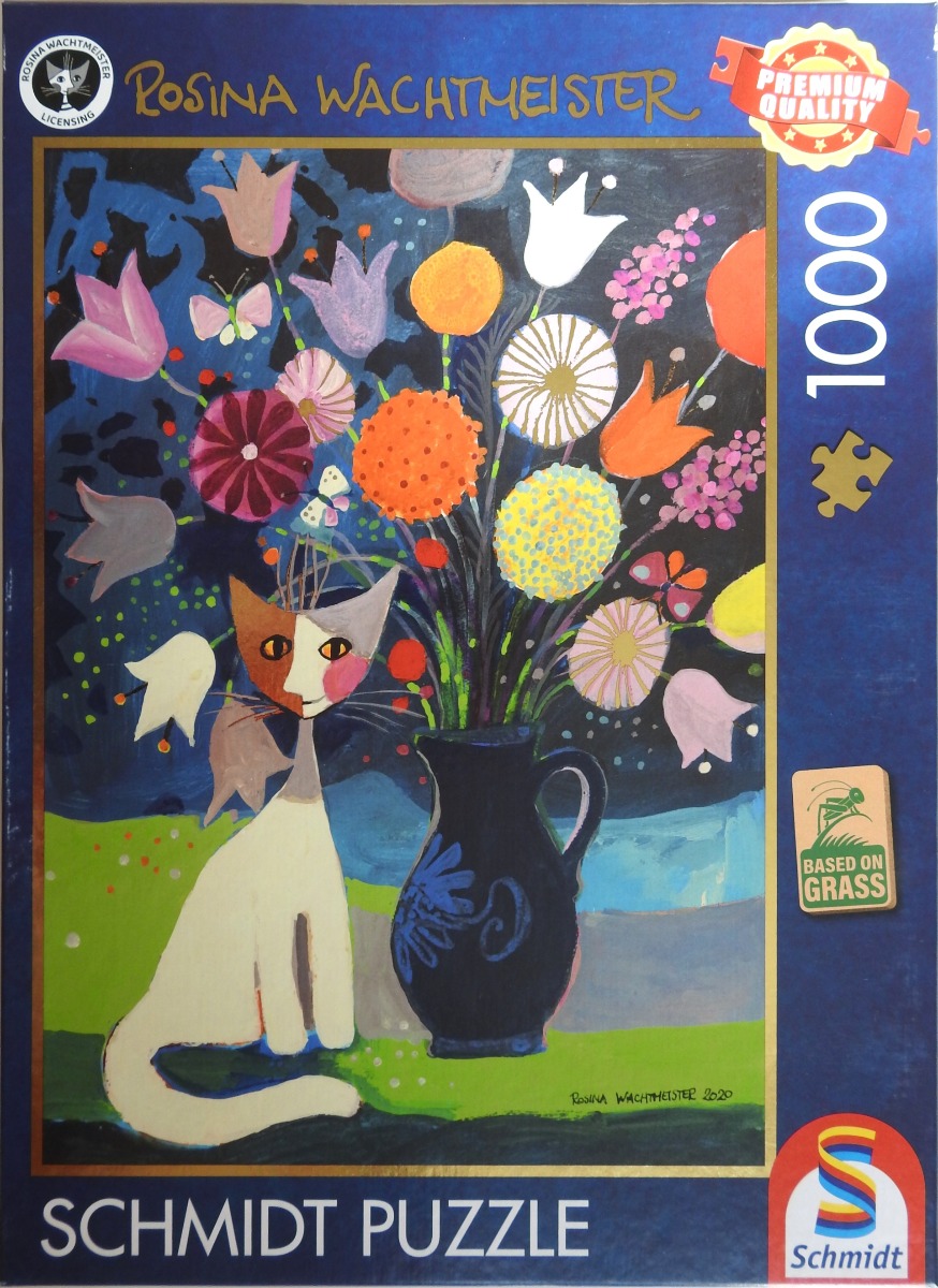 A whimsical illustration of a calico cat sitting beside a dark blue vase filled with colorful, stylized flowers.