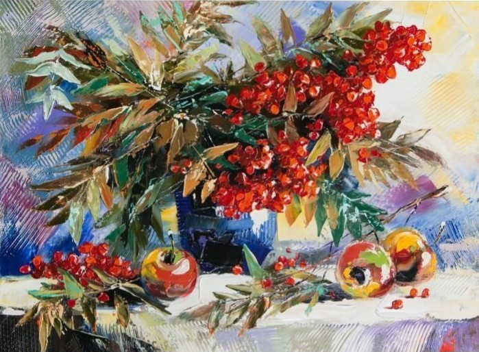Oil painting of a vibrant bouquet of rowan berries and two apples on a table.