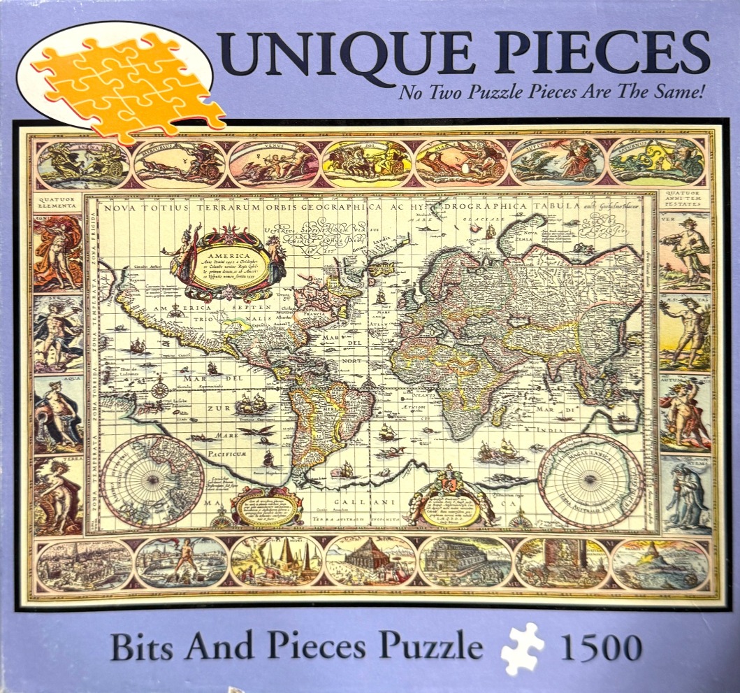 A vintage-style 17th-century world map surrounded by illustrations of celestial deities, the four elements, and seasons.