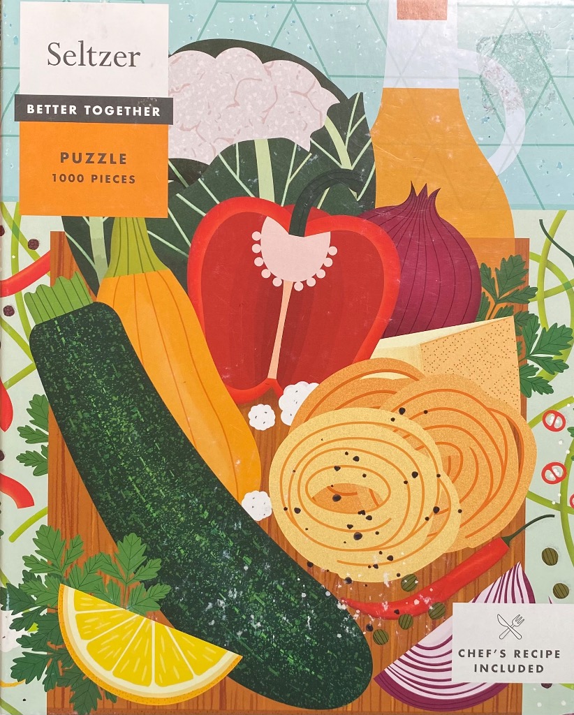 Stylized flat illustration of a variety of colorful raw vegetables and pasta shapes on a wooden cutting board.