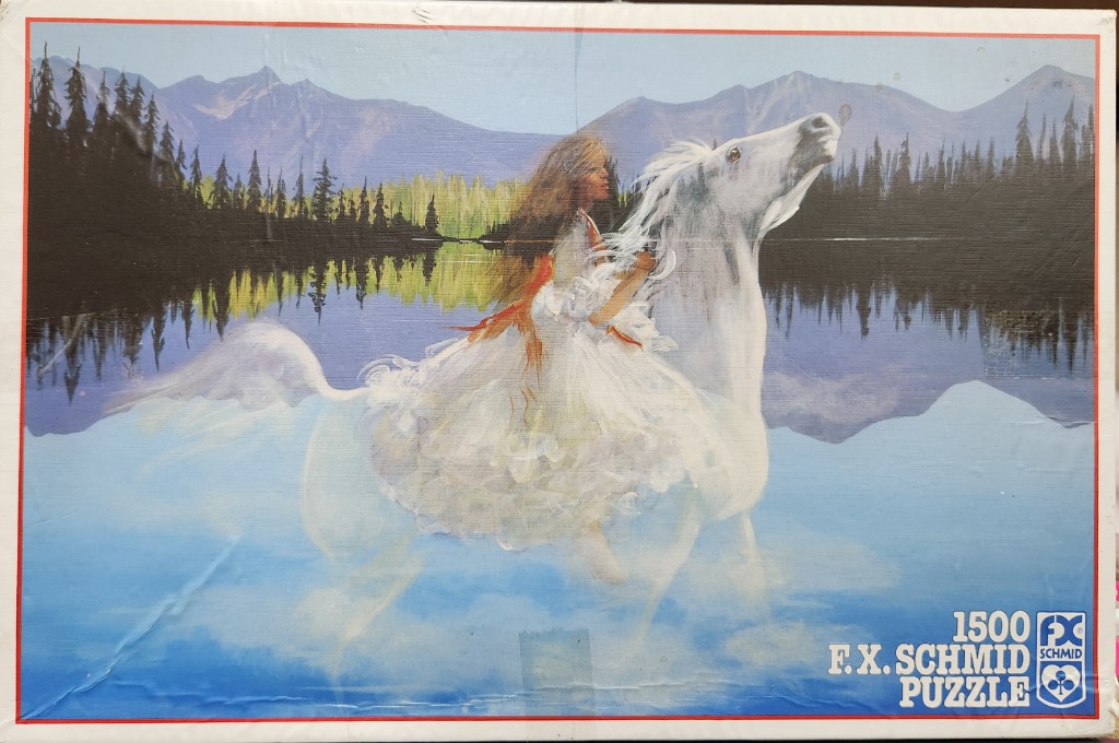 A girl with long hair in a white dress riding a white horse through a serene mountain lake