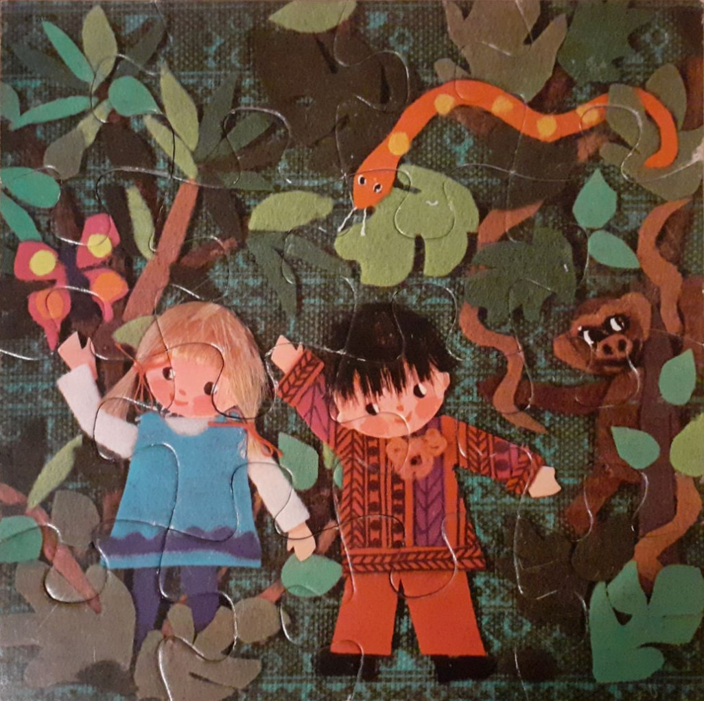 A whimsical illustration of a boy and girl in a jungle setting with a monkey, butterfly, and snake.