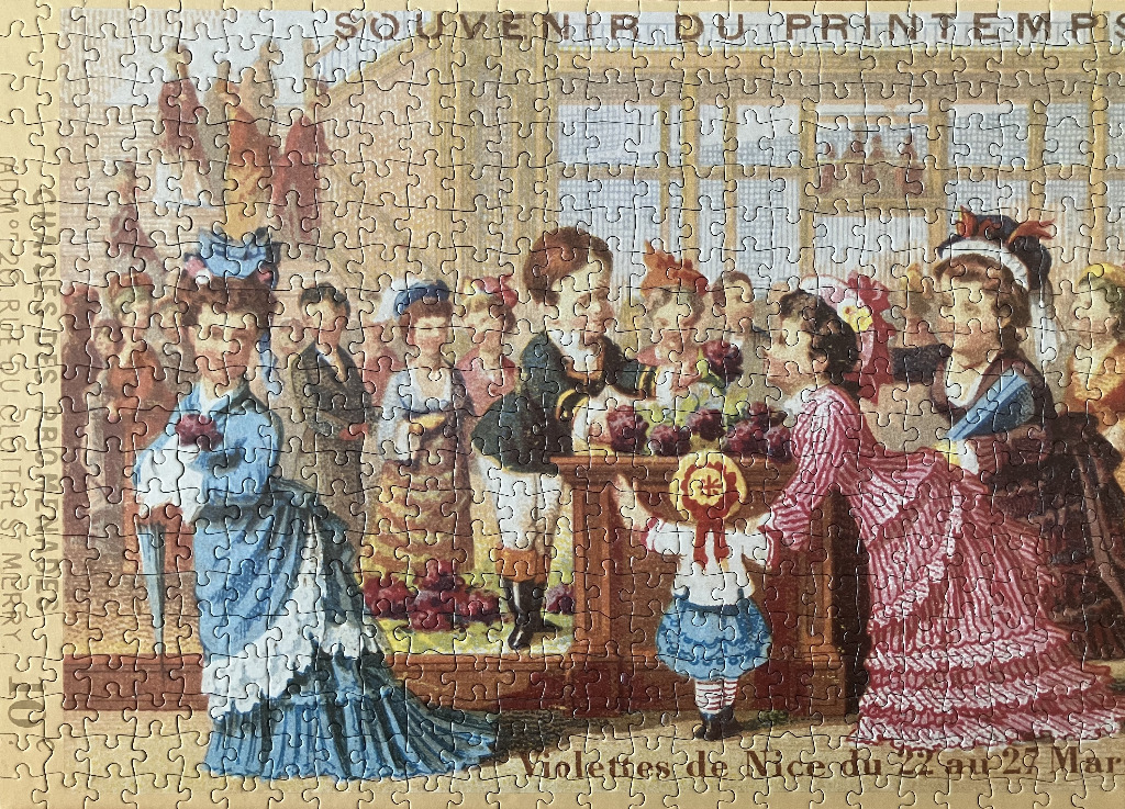 A vintage-style illustration depicting a crowded flower market scene with people in 19th-century attire.