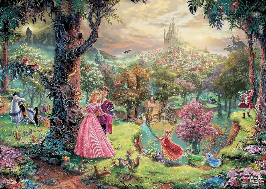 A fairytale scene of a princess and prince dancing in a forest with fairies and a distant castle.