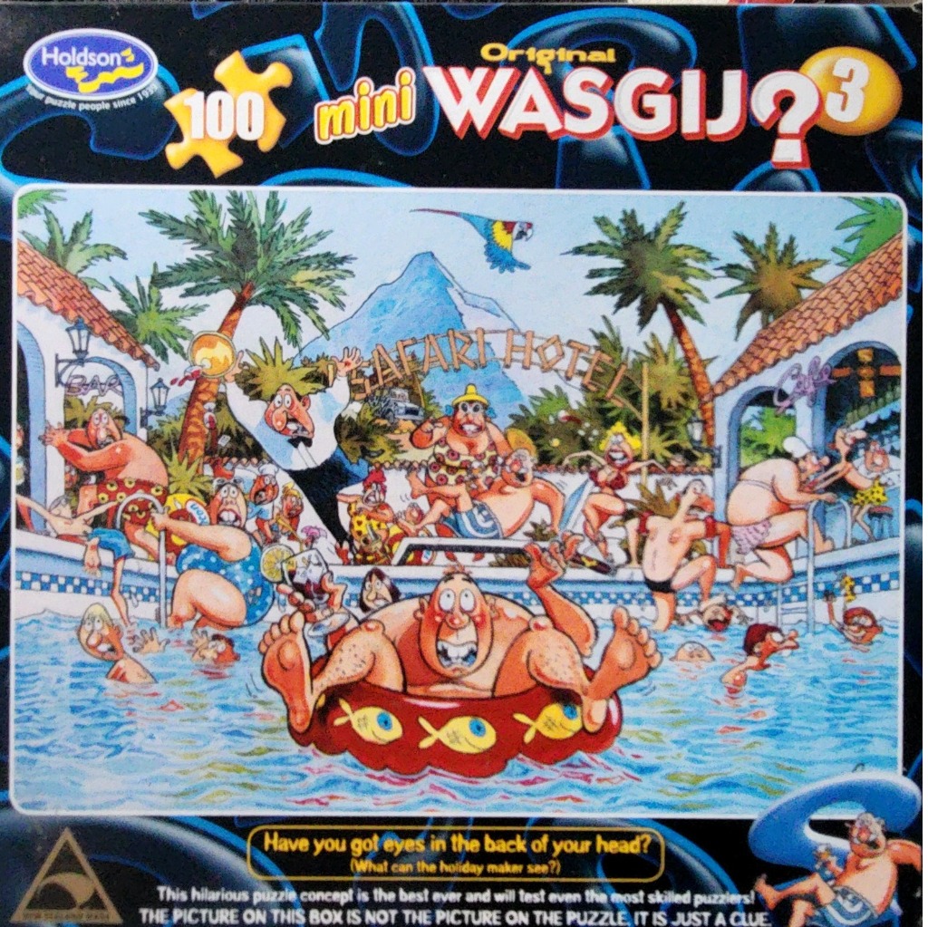 Cartoon illustration of chaotic scenes at a swimming pool in front of a Safari Hotel.