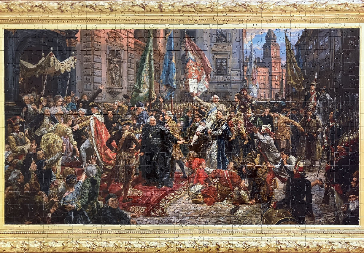 An elaborate 19th-century oil painting depicting a historical Polish election scene in a cobblestone square.
