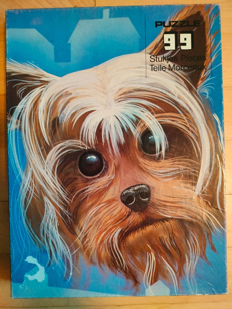 Close-up illustration of a Yorkshire Terrier against a blue background.