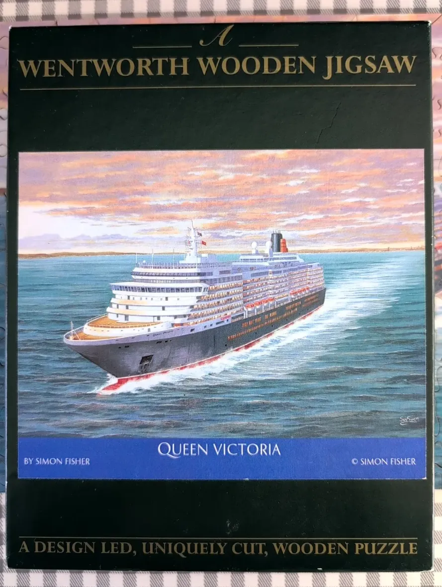 A maritime painting of the ocean liner Queen Victoria cruising on calm water under a sunset sky.