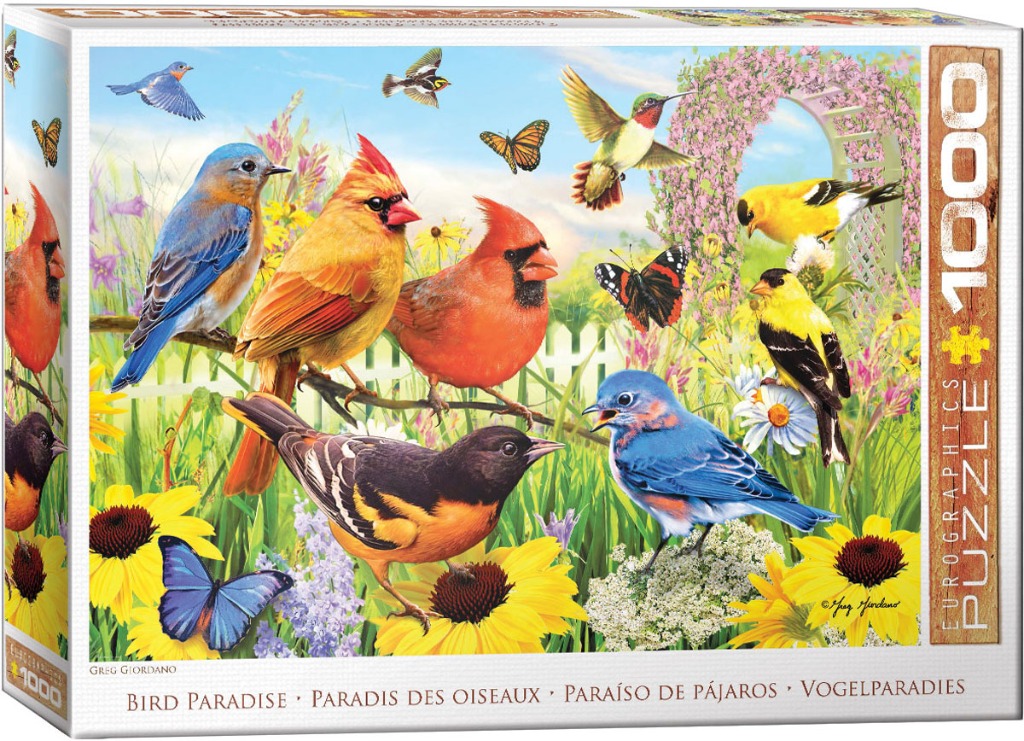 A vibrant garden scene filled with colorful songbirds, butterflies, and blooming sunflowers under a bright blue sky.