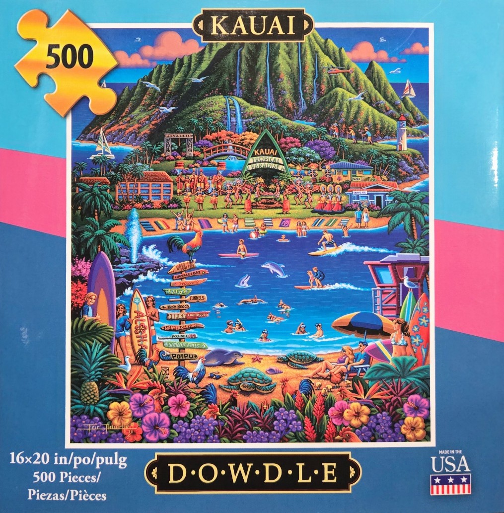 Vibrant folk art illustration of a tropical beach scene in Kauai with a lush mountain backdrop.