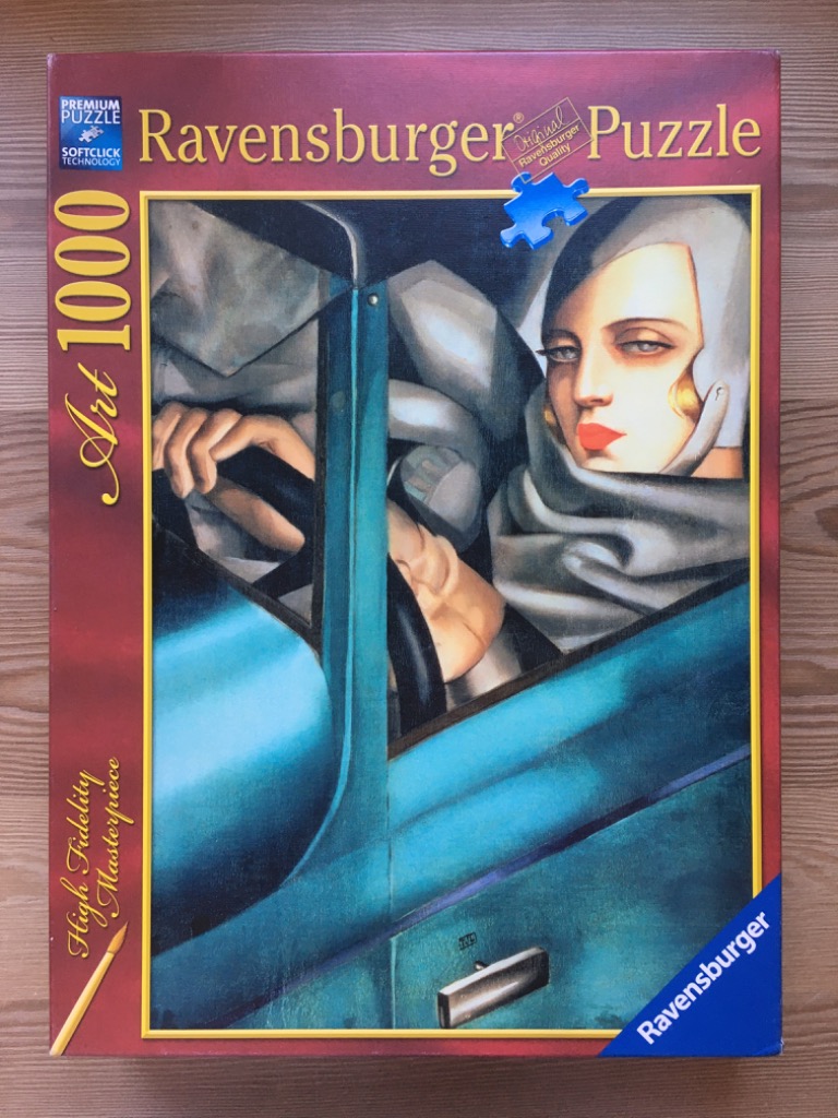 Art Deco style painting of a woman driving a vintage blue car