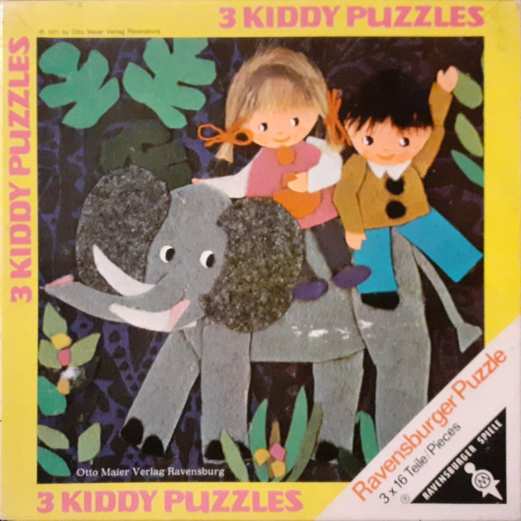 Illustration of a young boy and girl riding a grey elephant in a jungle setting