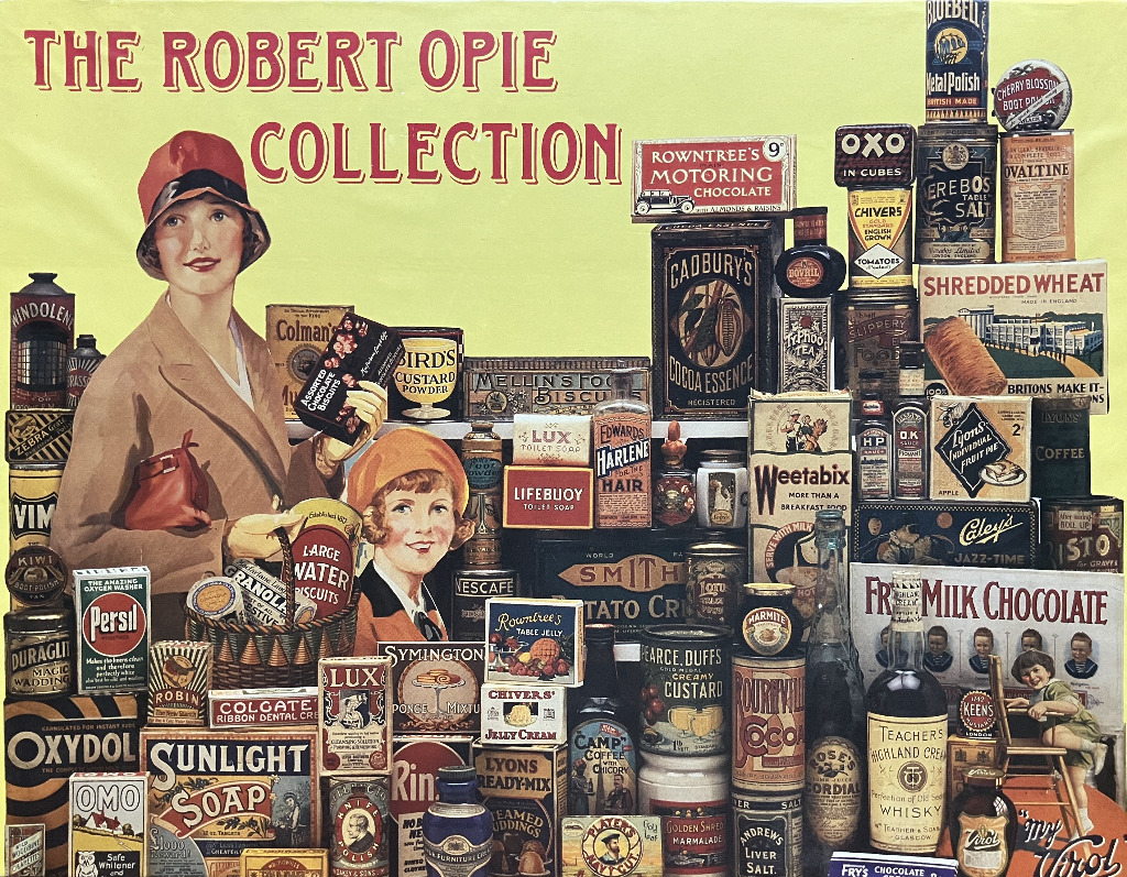 A collage of vintage product packaging and advertisements featuring two women in 1920s style clothing.