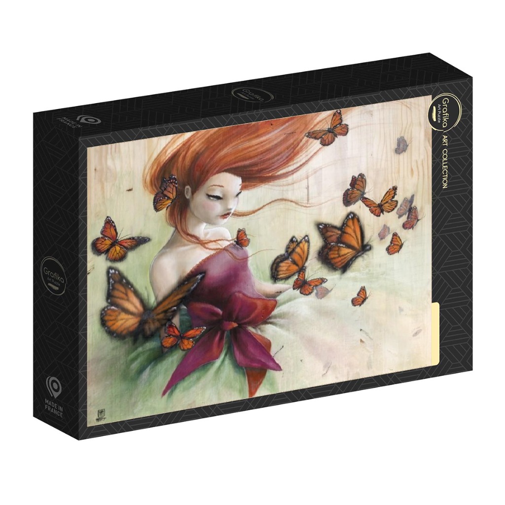 A whimsical illustration of a young woman with long red hair surrounded by monarch butterflies.