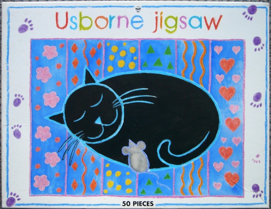A simple, colorful illustration of a large sleeping black cat with a small grey mouse, set against a patterned background.