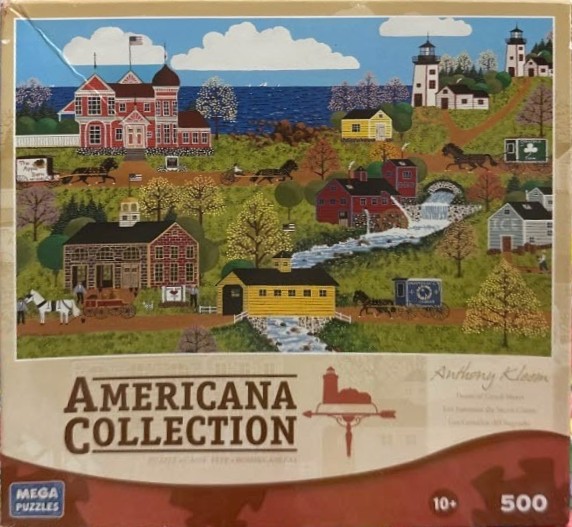 Folk art scene of a rural American landscape with lighthouses, a red mansion, barns, and horse-drawn carriages.