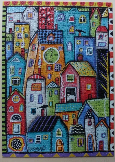 A whimsical, folk-art style illustration of a crowded, colorful town with crooked houses and a large clock tower.