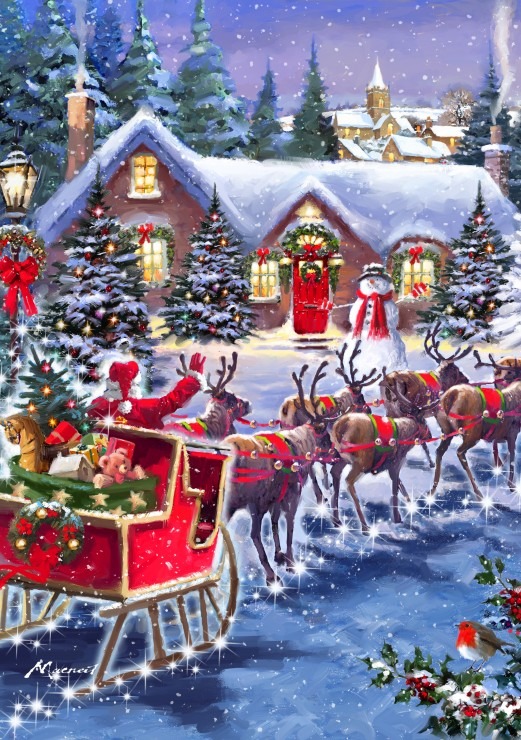 Santa in a sleigh with reindeer arriving at a cozy snow-covered cottage at night.