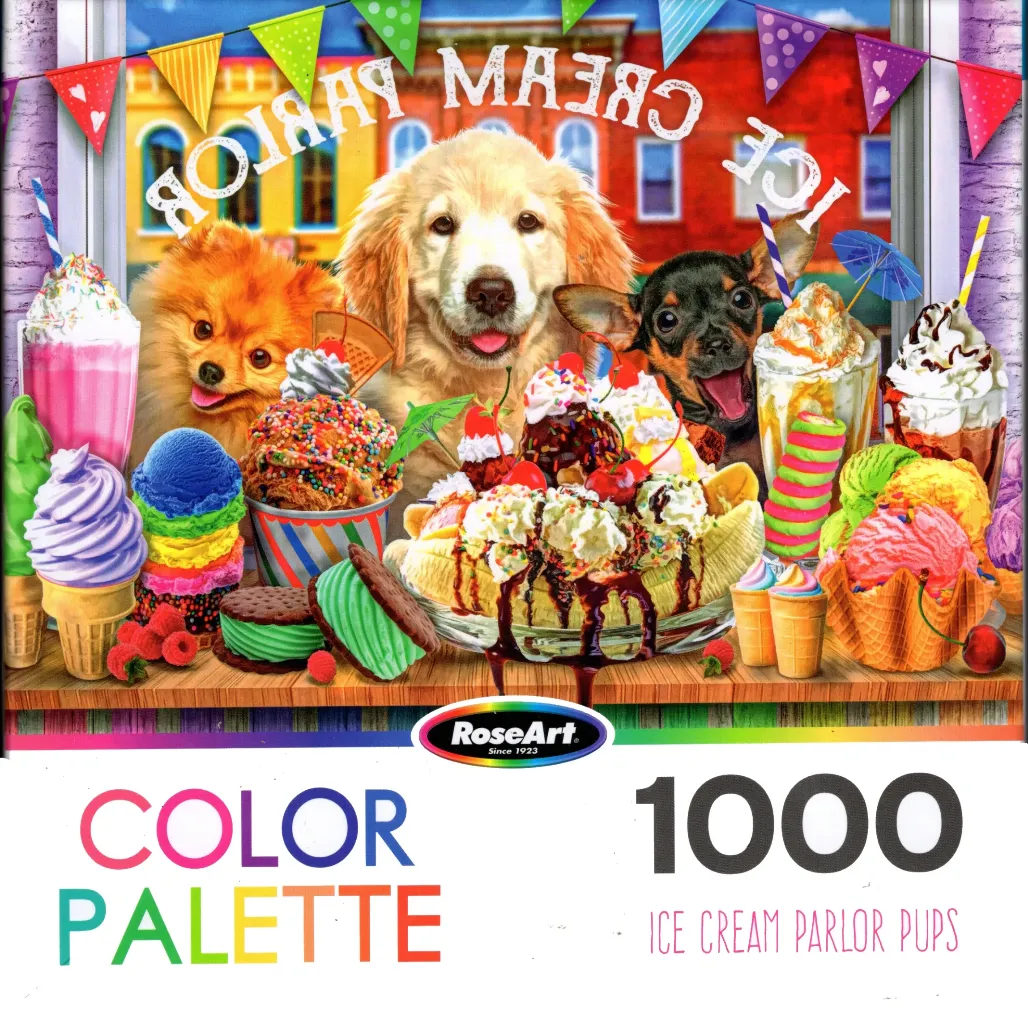 Three dogs surrounded by various ice cream treats in an ice cream parlor.