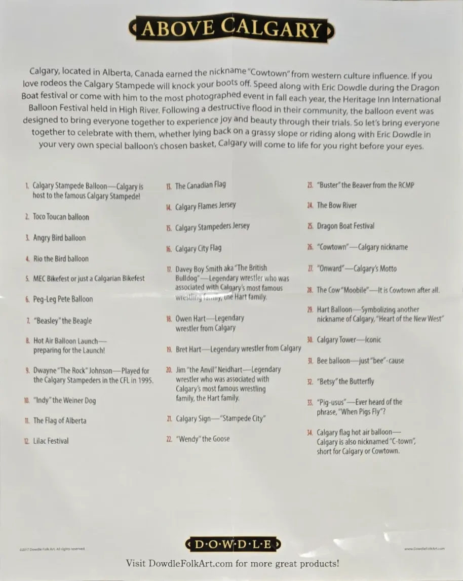A checklist and informational text document titled Above Calgary, detailing various cultural icons and events.