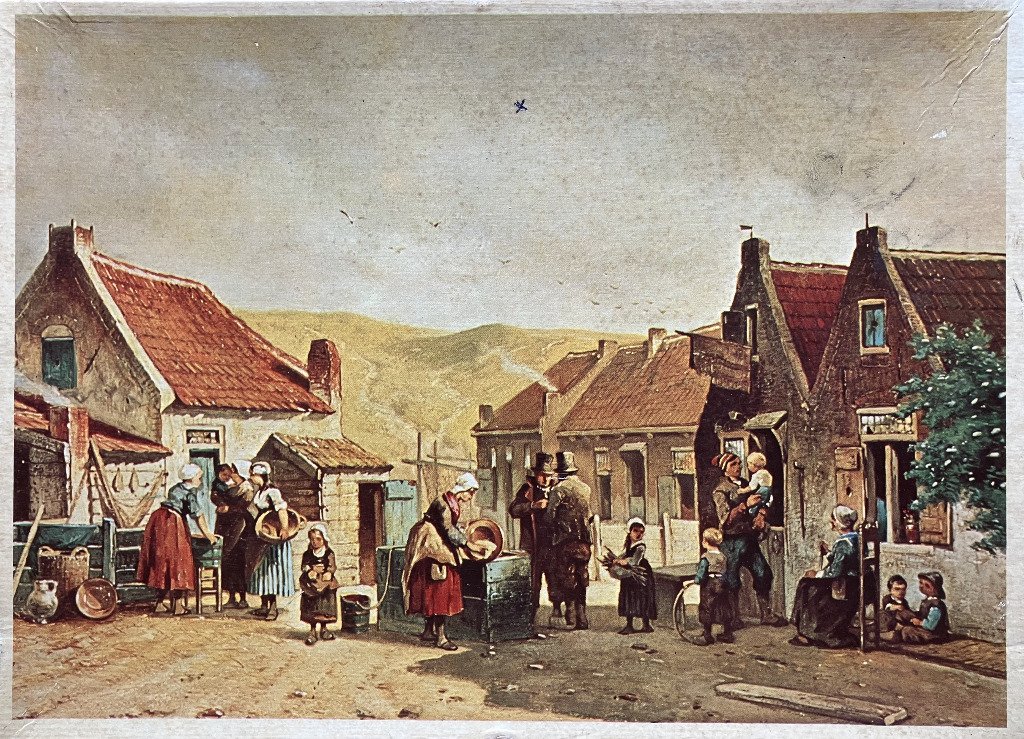 An oil painting style scene of a 19th-century village street with peasants, children, and rustic stone buildings.