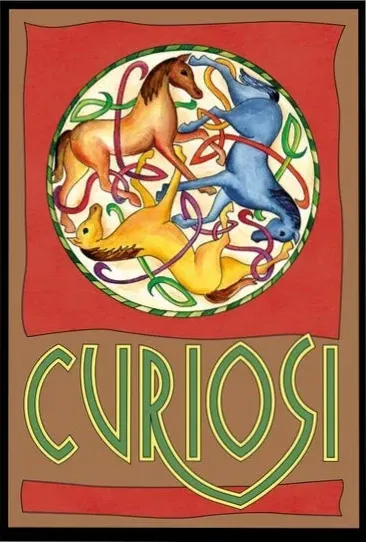 Three stylized horses in chestnut, blue, and gold prancing within a circular Celtic-inspired knotwork design.