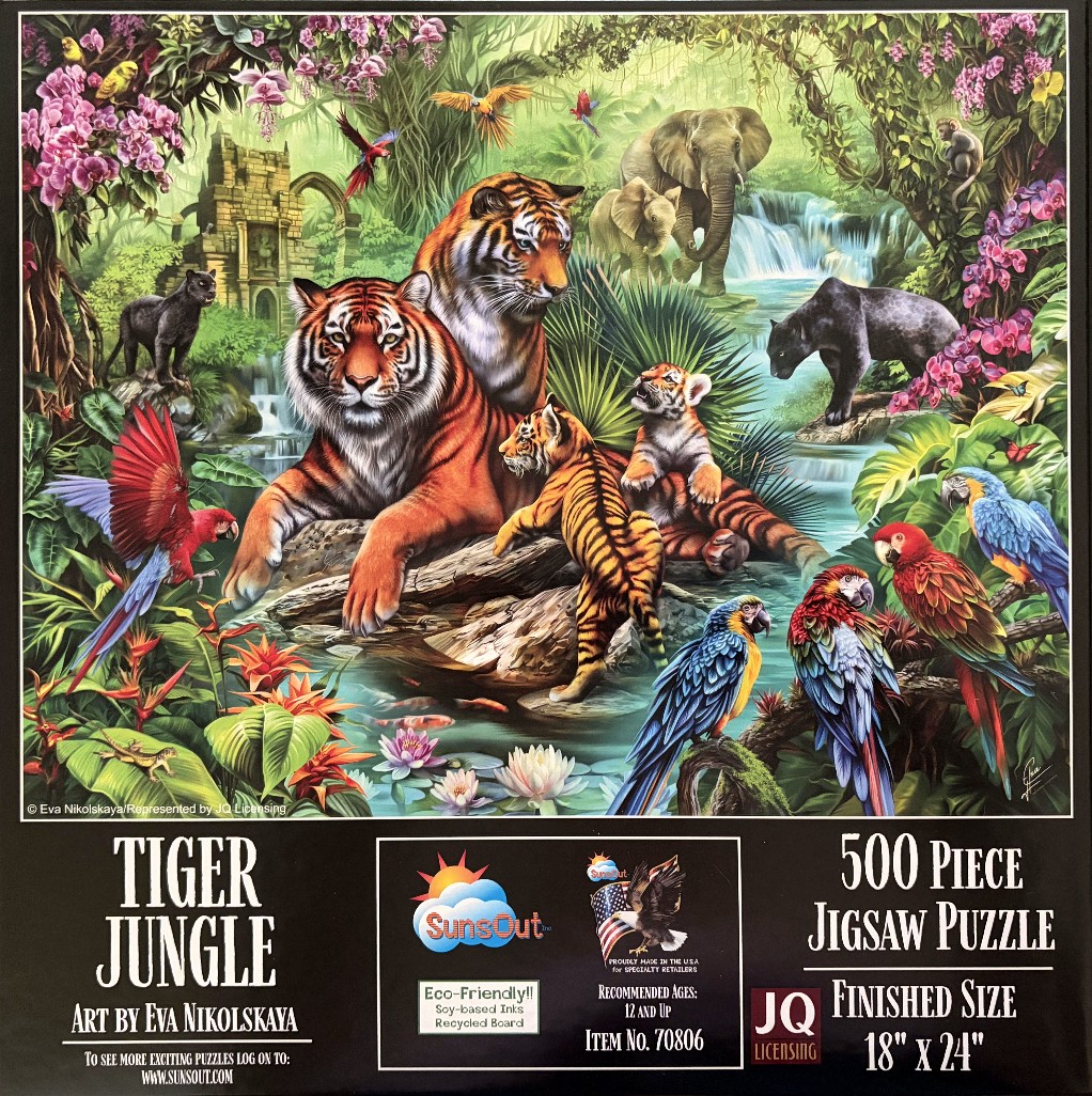 A lush jungle scene featuring tigers, elephants, a panther, and colorful macaws near a waterfall and ancient ruins.