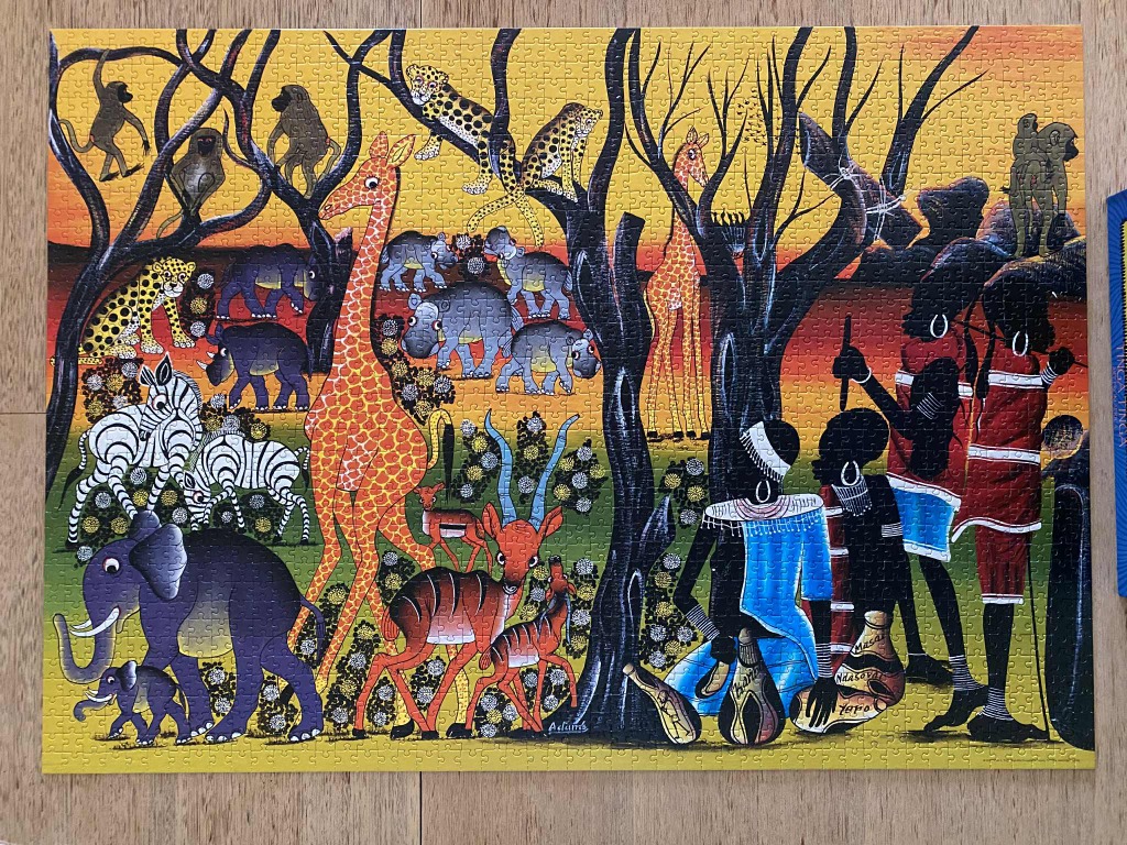 Tingatinga style painting of African wildlife and people at sunset.