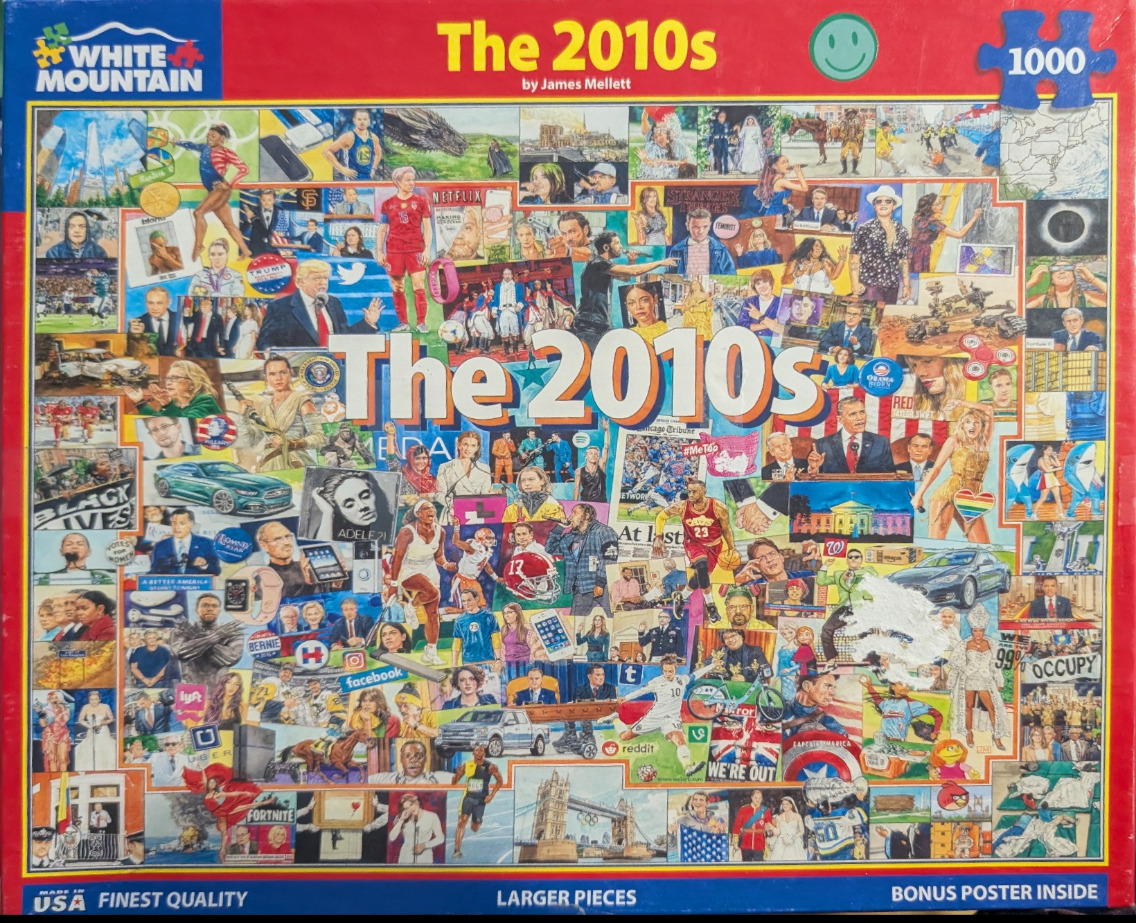 A collage of illustrations depicting iconic cultural, political, and sports events from the 2010s decade.