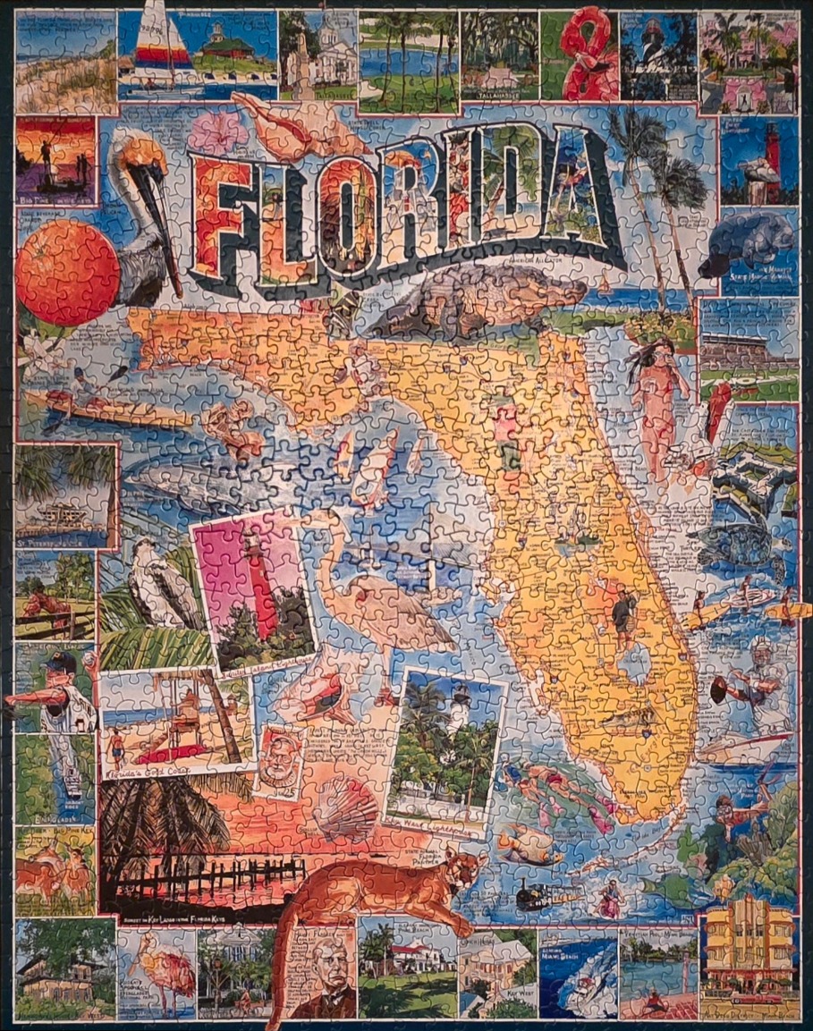 A vintage-style collage map of Florida featuring prominent landmarks, wildlife, and the word FLORIDA in large letters.