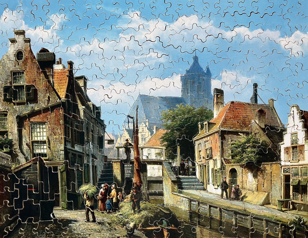 An oil painting of a 19th-century Dutch canal scene with brick houses and villagers.