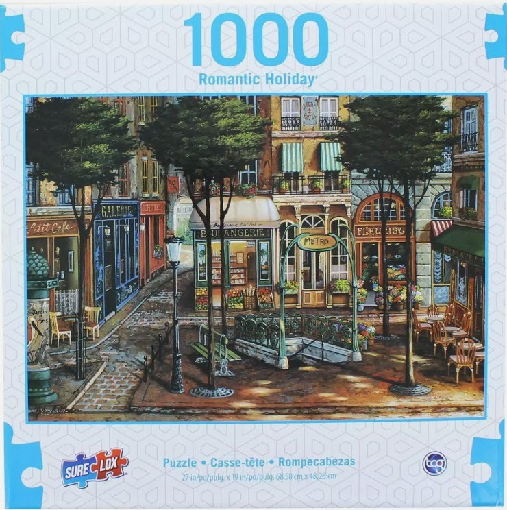 Painting of a quaint Paris street scene with a Metro entrance, a boulangerie, and flower shop.