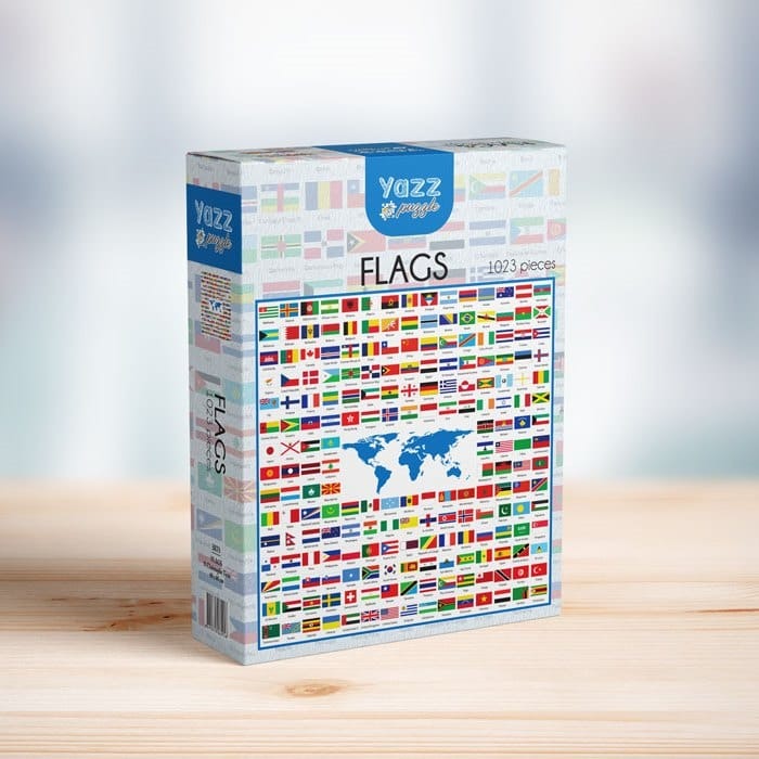 A collection of international flags arranged in a grid surrounding a central blue world map.