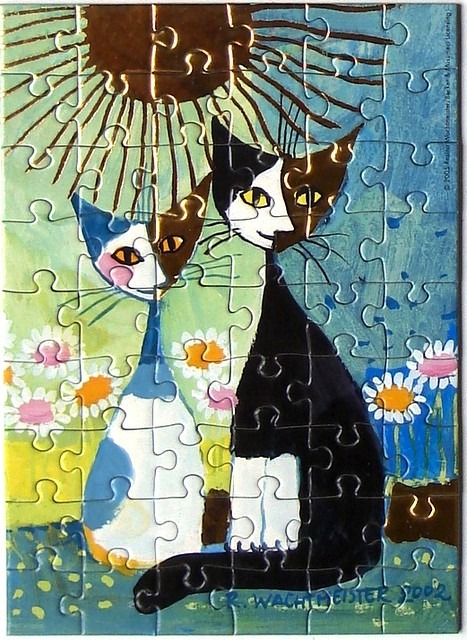 Stylized painting of two cats sitting in a field of daisies under a sun.