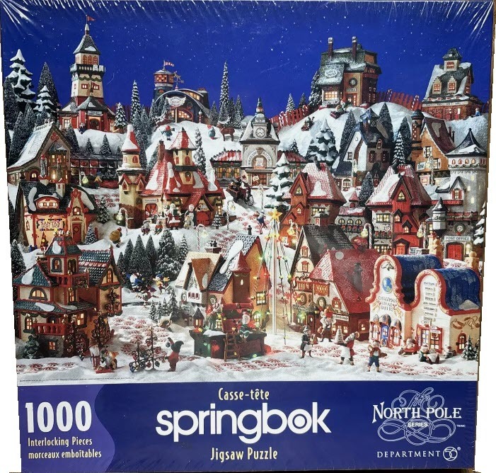 A whimsical illustration of a snowy North Pole village at night with glowing buildings and festive decorations.