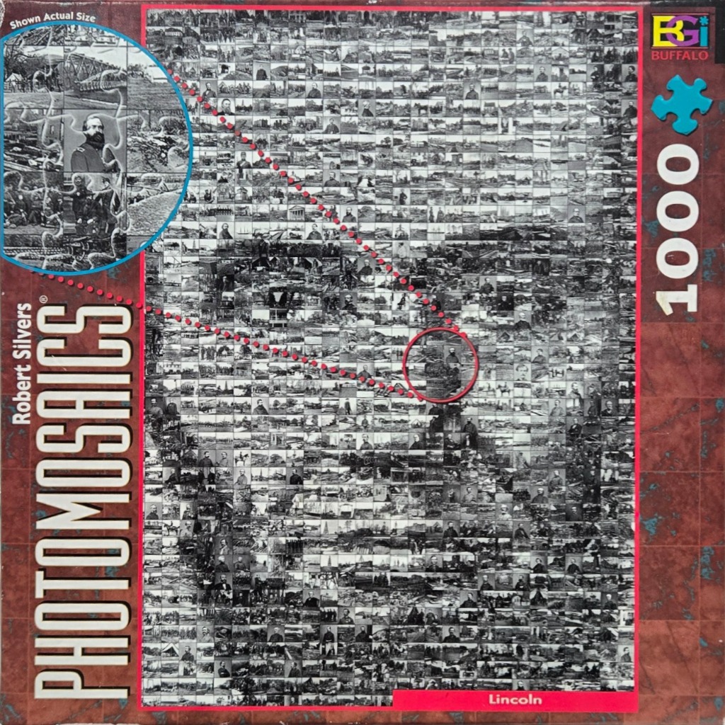 A photomosaic portrait of Abraham Lincoln constructed from hundreds of black-and-white historical Civil War photographs.
