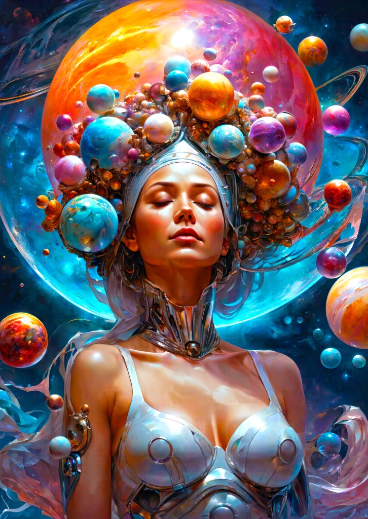 A woman with eyes closed wearing a headdress of glowing planets against a vibrant cosmic background.
