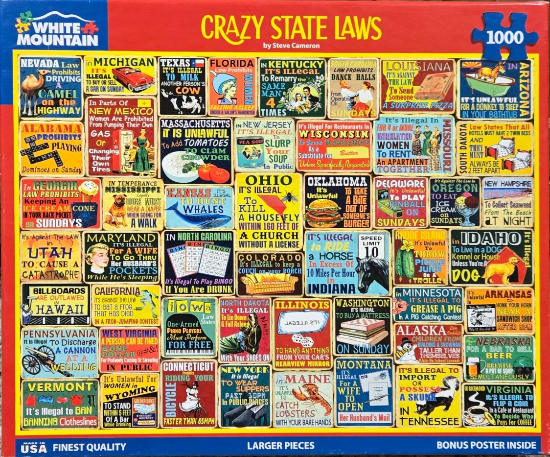 Collage of 50 vintage-style rectangular signs depicting humorous and bizarre laws from each U.S. state.