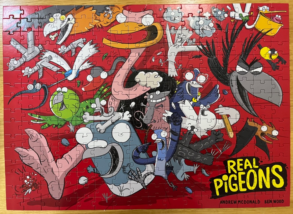 Cartoon illustration of a chaotic flock of pigeons and other birds against a bright red background.