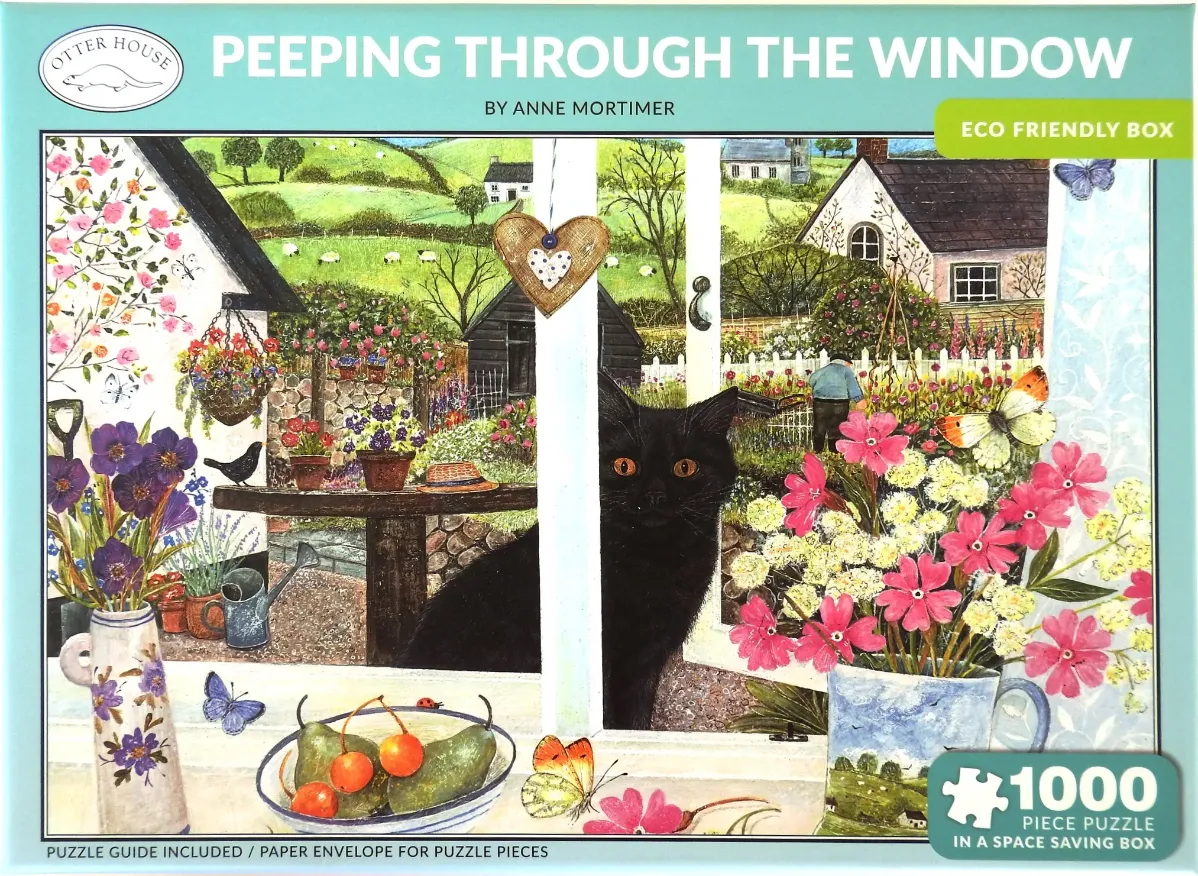 A black cat looks through an open window at a lush cottage garden with flowers, a gardener, and rolling hills.