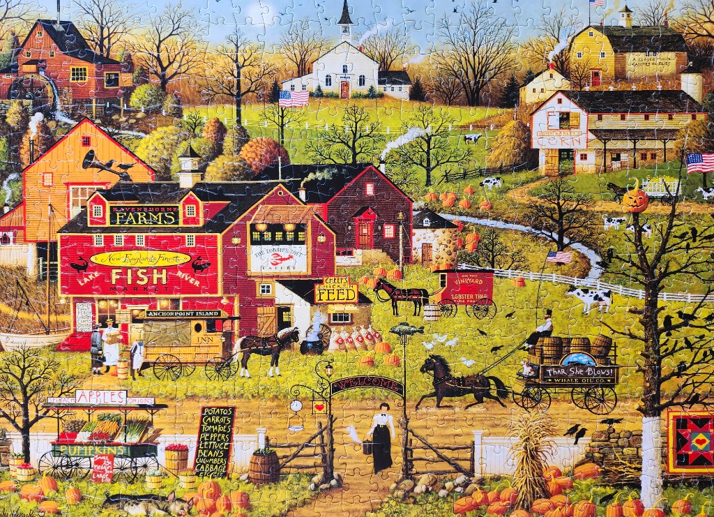 A detailed illustration of a vibrant autumn farm scene featuring red barns, a fish market, and a horse-drawn carriage.
