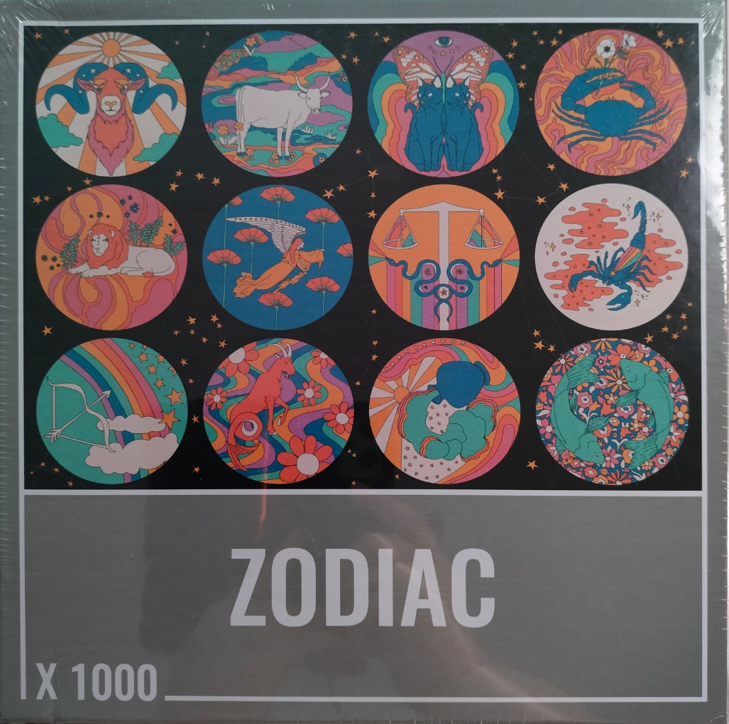 Artistic illustration of the twelve zodiac signs arranged in circular vignettes against a starry black background.
