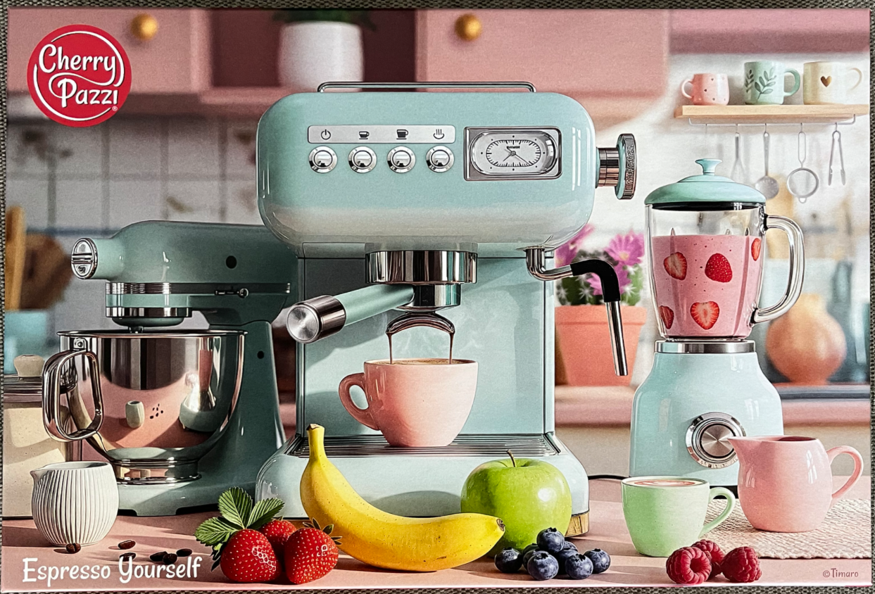 A kitchen counter featuring a pastel green espresso machine, a stand mixer, and a strawberry smoothie blender.